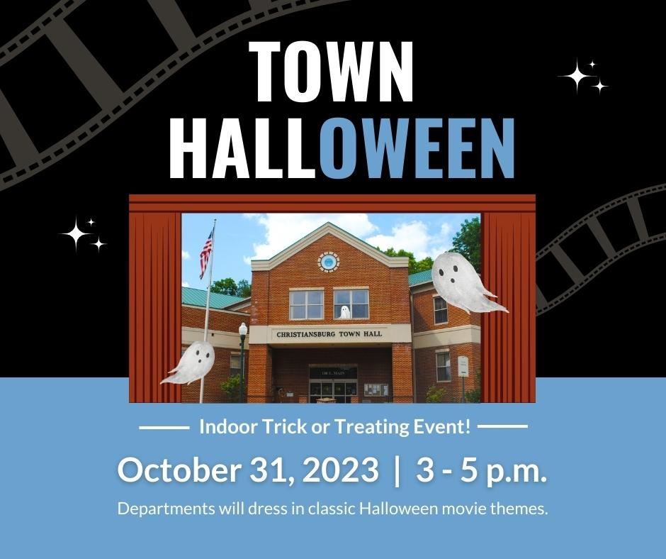 Indoor Trick or Treating graphic with image of ghost illustrations at Town Hall
