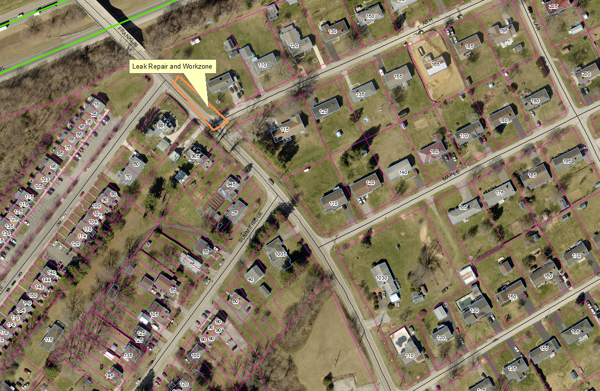 S. Franklin map showing the location of a leak repair and work zone