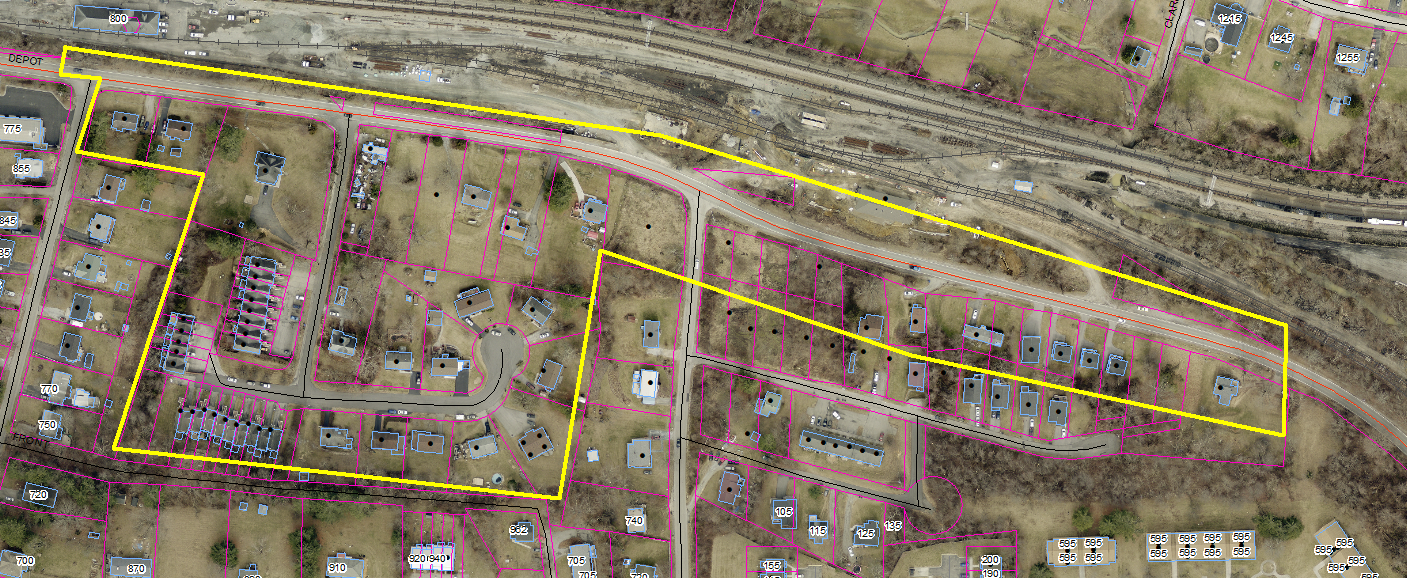 Map of 1090 Depot St showing locations of scheduled water disruptions